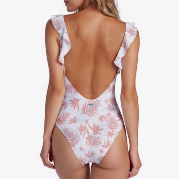 Roxy Mills One Piece Ruffle Strap White, Pink, Blue Leaf Print Swimsuit Size S - Picture 2 of 8